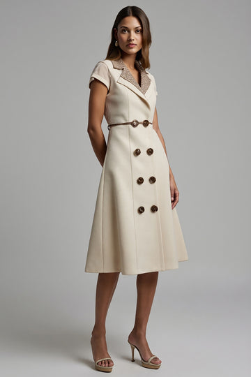 Apricot Satin Notched Lapel Midi Work Dress with Sleeves